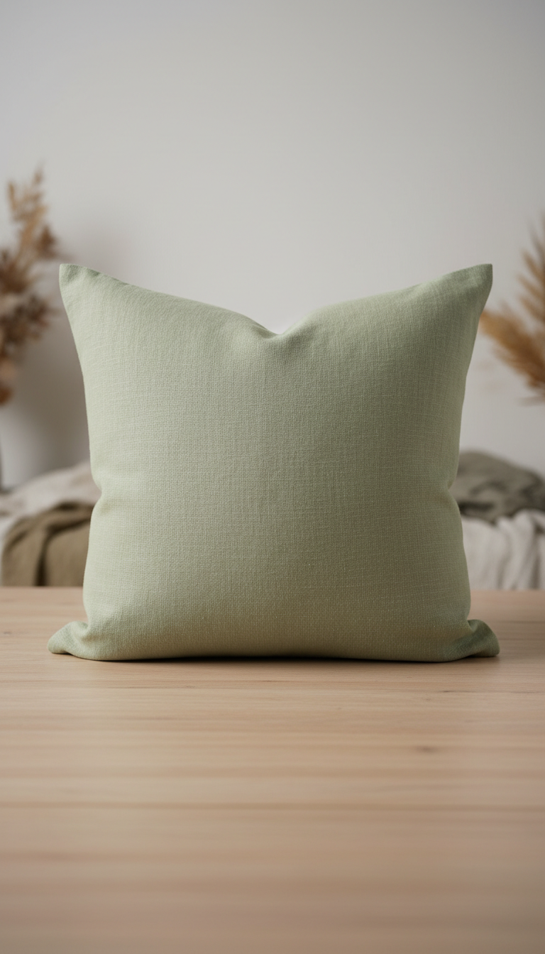 Pale sage linen cushion with feather fill